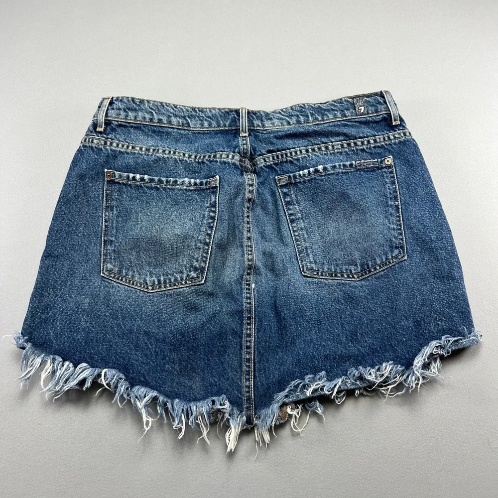7 For All Mankind Mini Skirt Womens Blue Denim Cotton Distressed Frayed Hem